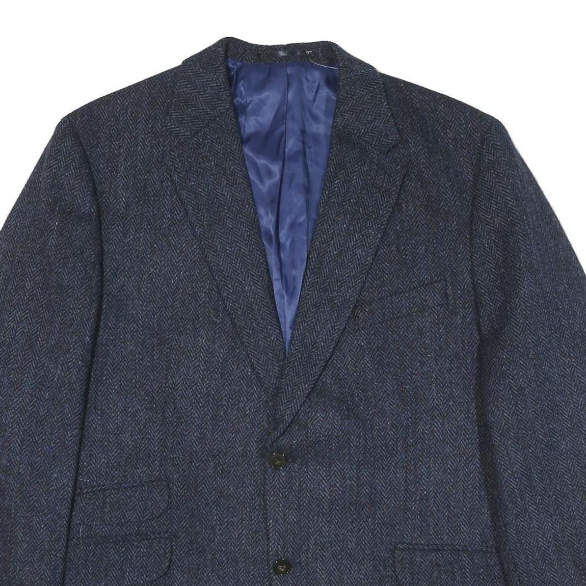 WELLINGTON Mens Blue Wool Button Jacket L Herringbone Classic Tailored