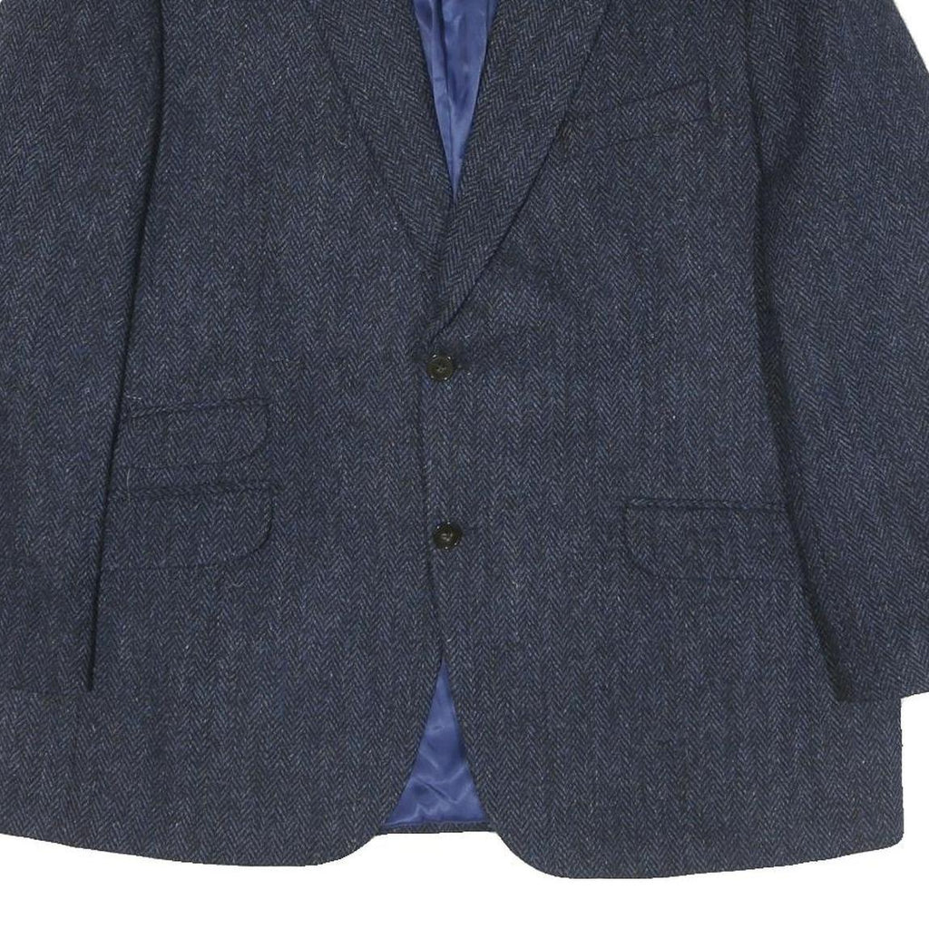 WELLINGTON Mens Blue Wool Button Jacket L Herringbone Classic Tailored