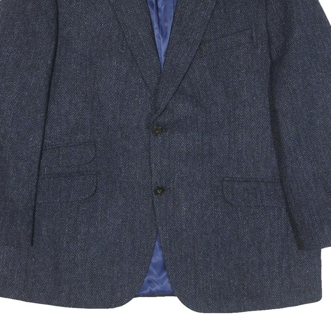 WELLINGTON Mens Blue Wool Button Jacket L Herringbone Classic Tailored