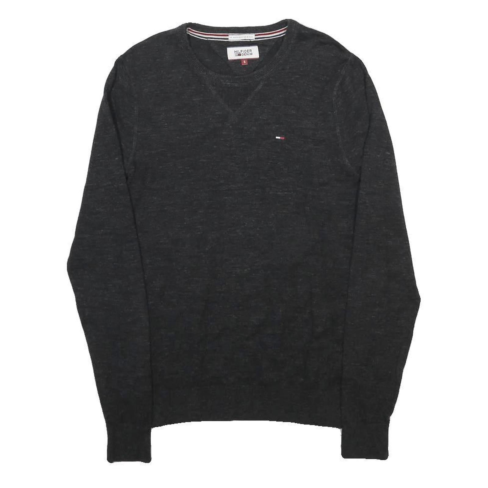 HILFIGER DENIM Mens Black Plain Crew Neck Basic Knit Jumper Size S Cotton Blend