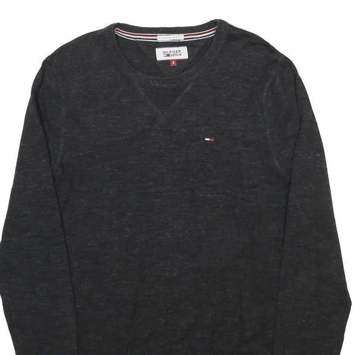 HILFIGER DENIM Mens Black Plain Crew Neck Basic Knit Jumper Size S Cotton Blend