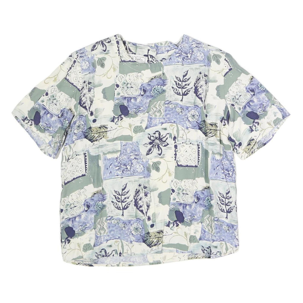 LEE DAVIDS Womens Blue Cream Printed Top Short Sleeve Round Neck L Cotton Blend