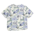 LEE DAVIDS Womens Blue Cream Printed Top Short Sleeve Round Neck L Cotton Blend