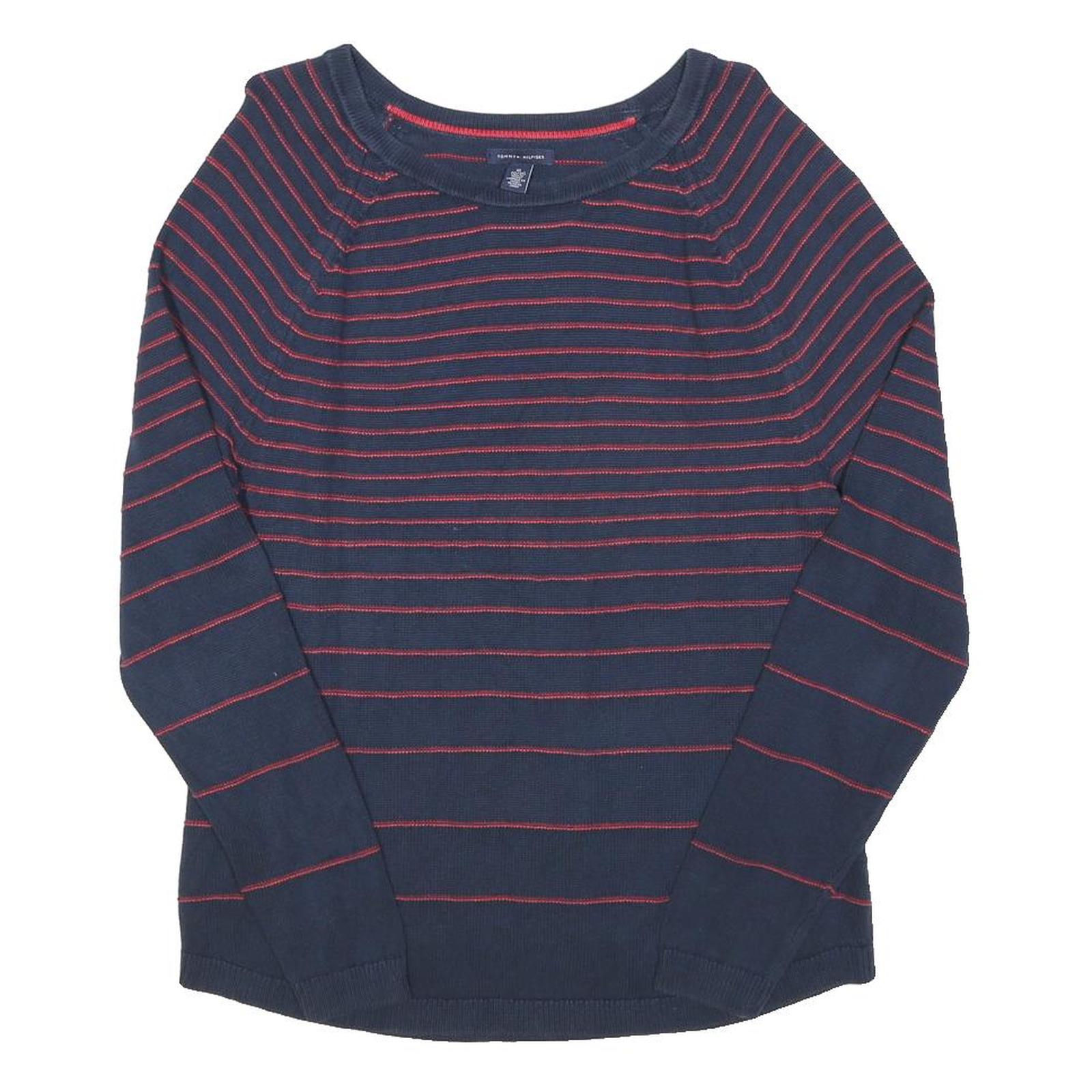 TOMMY HILFIGER Womens Navy & Red Striped Plain Crew Neck Basic Knit Jumper XL