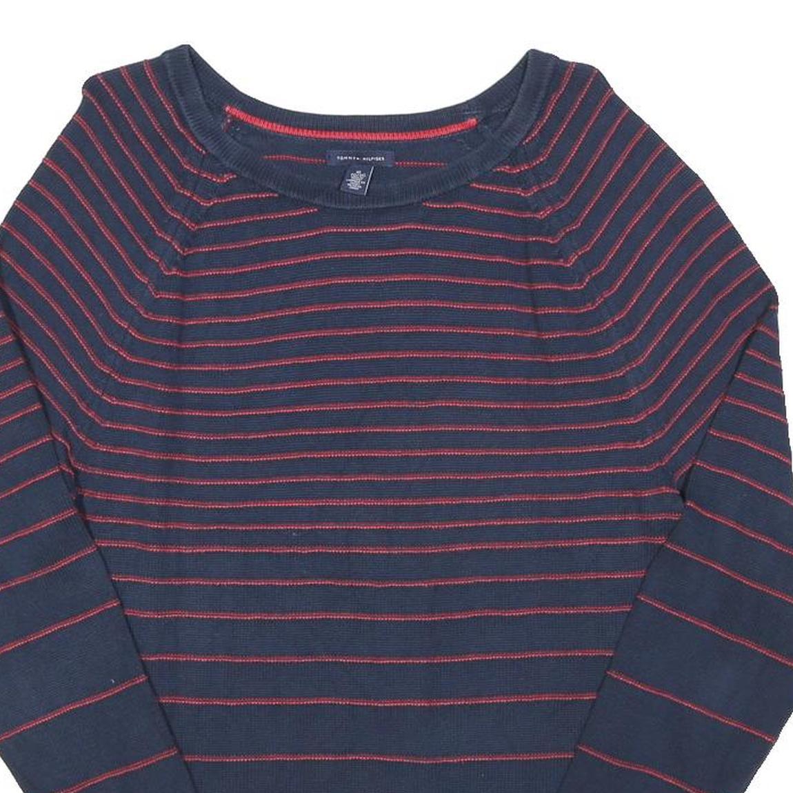 TOMMY HILFIGER Womens Navy & Red Striped Plain Crew Neck Basic Knit Jumper XL