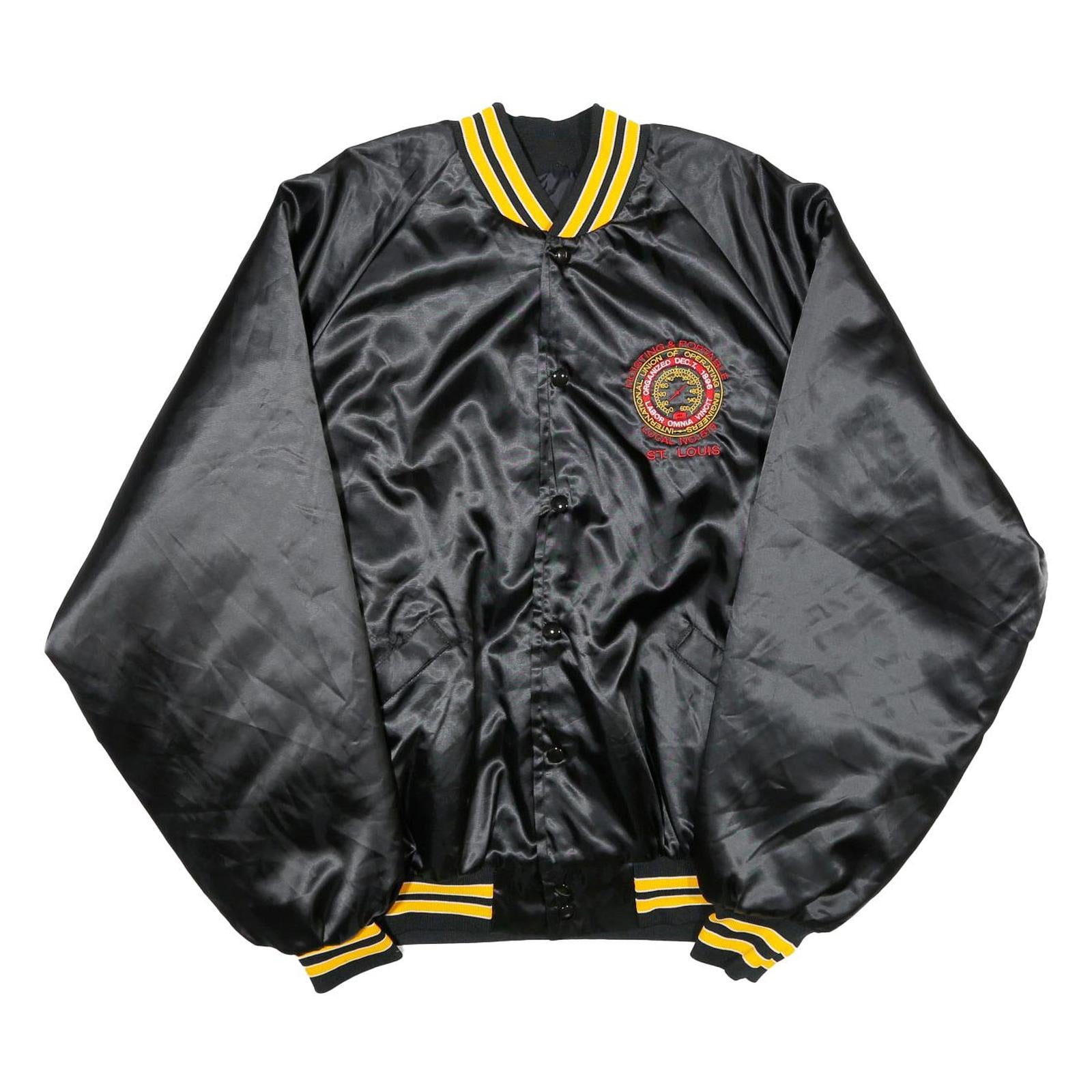 KING LOUIE Mens Black & Yellow Embroidered Button Jacket 2XL Nylon Satin Varsity