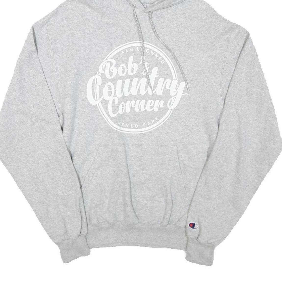 CHAMPION Mens Grey Bob's Country Corner Pullover Hoodie S Cotton Blend Logo