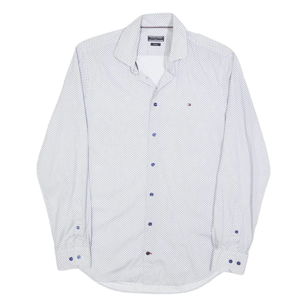 TOMMY HILFIGER Mens Blue & White Patterned Shirt S Cotton Blend Casual Smart