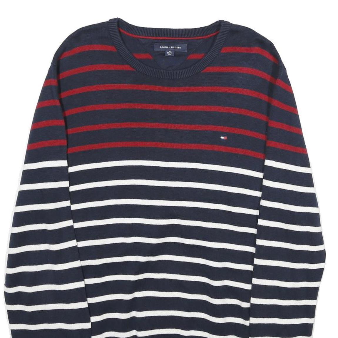 TOMMY HILFIGER Mens Navy Red & White Striped Plain Crew Neck Basic Knit XL
