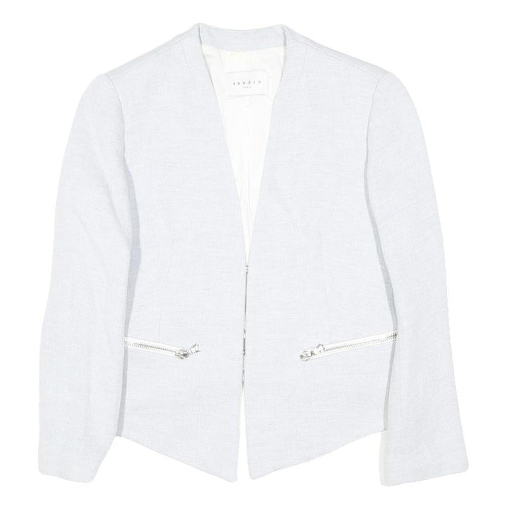 SANDRO Womens White Linen Blend Tailored Jacket S Zip Pockets Styled