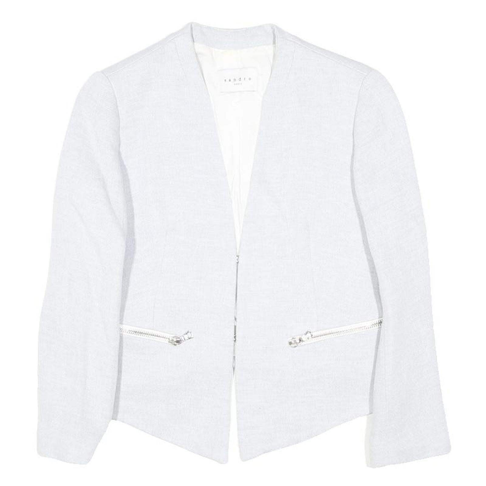 SANDRO Womens White Linen Blend Tailored Jacket S Zip Pockets Styled