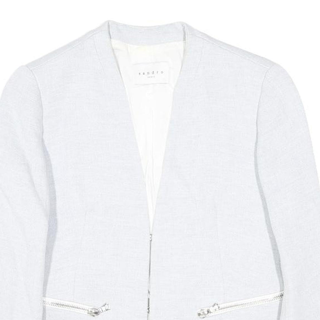 SANDRO Womens White Linen Blend Tailored Jacket S Zip Pockets Styled