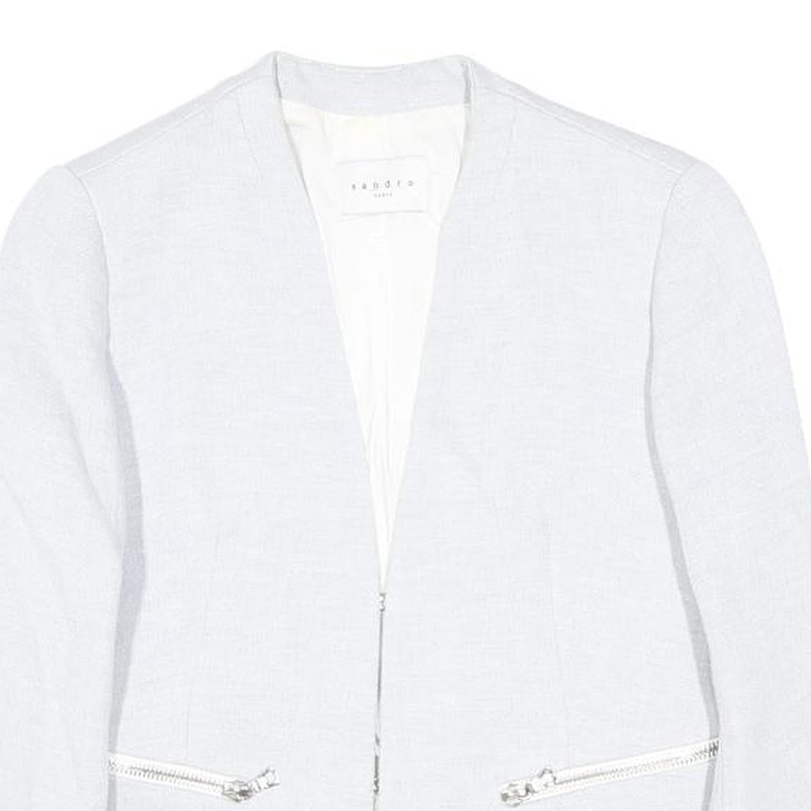 SANDRO Womens White Linen Blend Tailored Jacket S Zip Pockets Styled