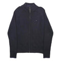 TOMMY HILFIGER Mens Navy Plain Jumper Full Zip Crew Neck Rib Knit M Cotton