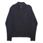 TOMMY HILFIGER Mens Navy Plain Jumper Full Zip Crew Neck Rib Knit M Cotton