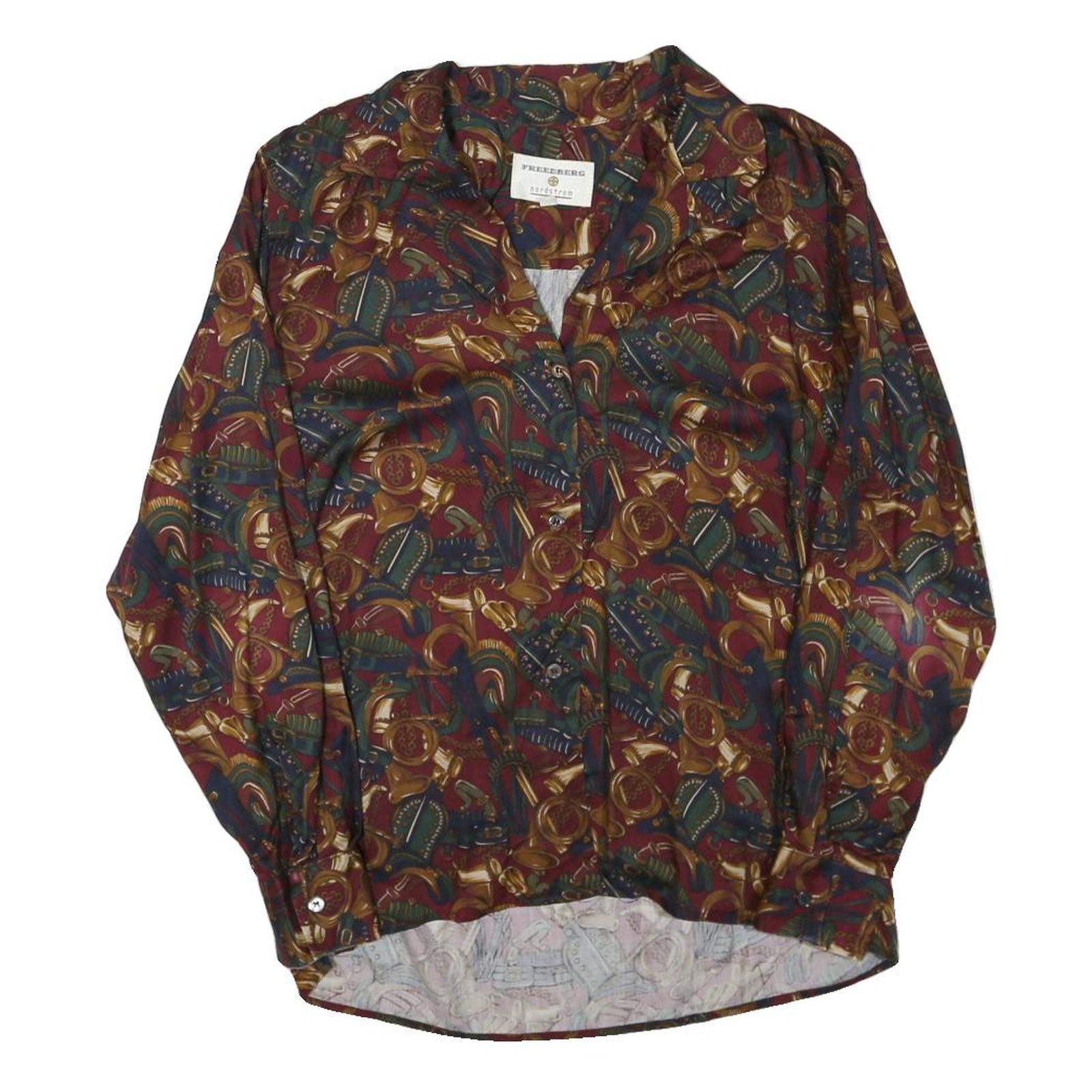 FREEDBERG Womens Red & Green Printed Button Long Sleeve Collared L Cotton Blend