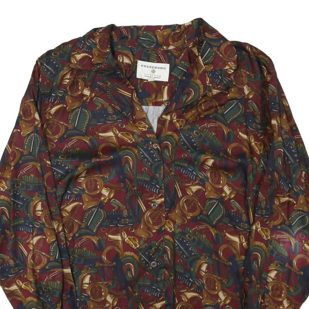 FREEDBERG Womens Red & Green Printed Button Long Sleeve Collared L Cotton Blend