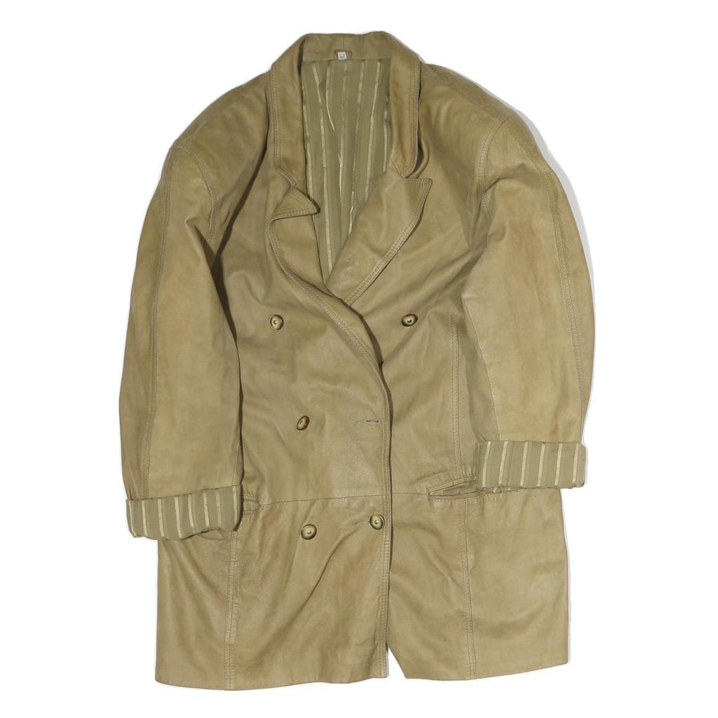 Womens Beige Leather Double Breasted Button Jacket L Plain Classic Tailored