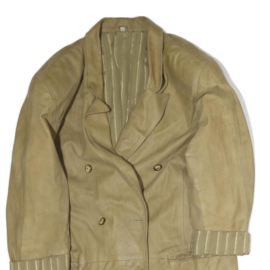 Womens Beige Leather Double Breasted Button Jacket L Plain Classic Tailored