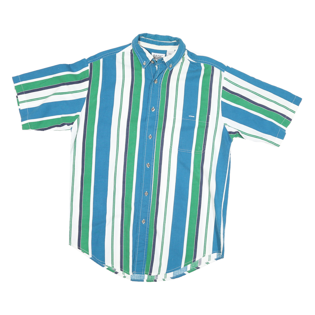 BASIC Mens Blue Green & White Stripe Shirt S Button-Down Collar Cotton