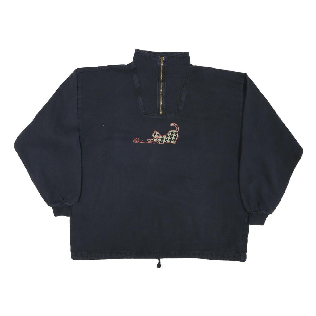 TAYLOR Womens Navy Blue Cat Embroidered 1/4 Zip M Sweatshirt Casual Cotton Blend
