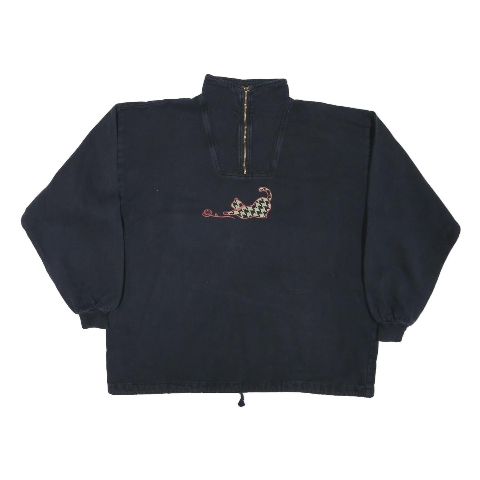TAYLOR Womens Navy Blue Cat Embroidered 1/4 Zip M Sweatshirt Casual Cotton Blend
