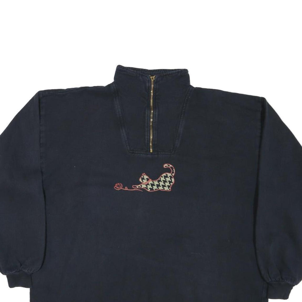 TAYLOR Womens Navy Blue Cat Embroidered 1/4 Zip M Sweatshirt Casual Cotton Blend