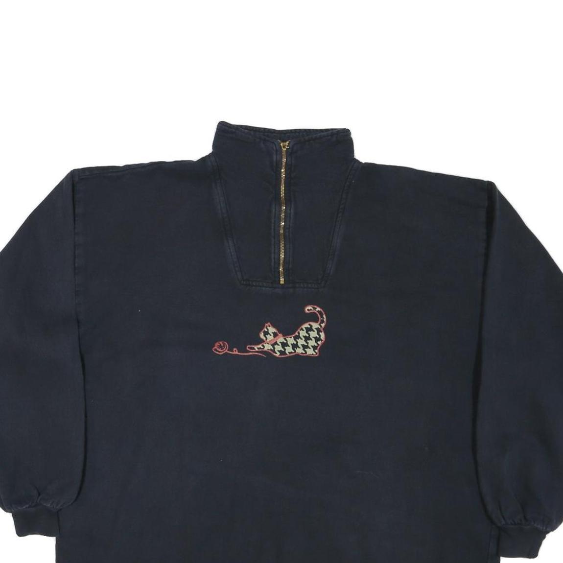 TAYLOR Womens Navy Blue Cat Embroidered 1/4 Zip M Sweatshirt Casual Cotton Blend