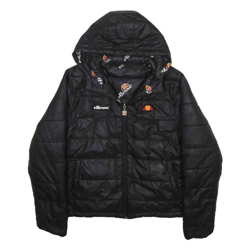 ELLESSE Womens Black Reversible Puffer Jacket UK 10 Polyester Zip Hooded Plain