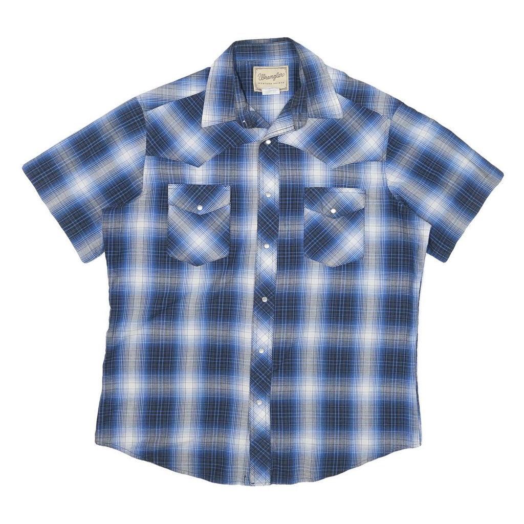 WRANGLER Mens Blue Check Shirt L Western Style Short Sleeve Cotton Blend