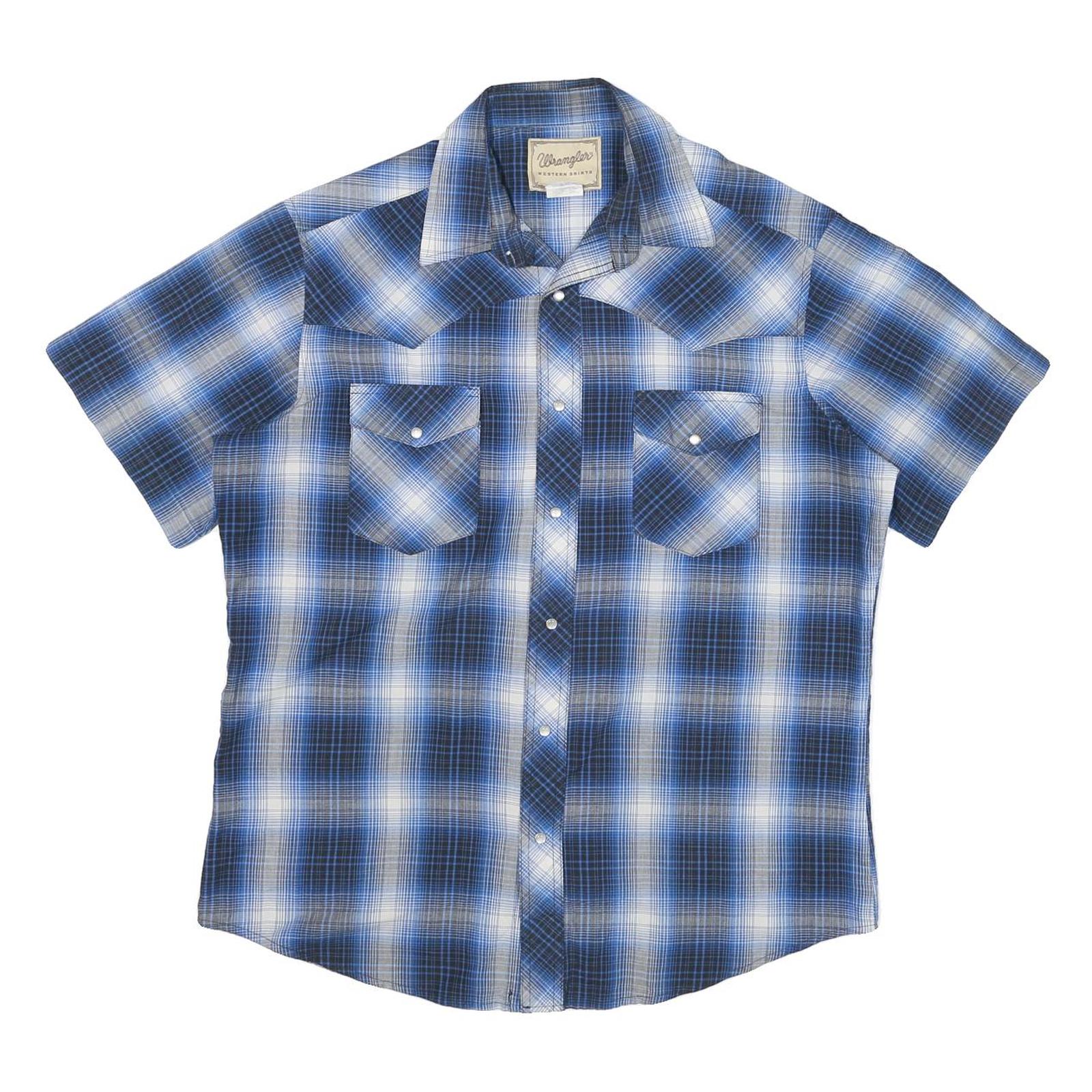 WRANGLER Mens Blue Check Shirt L Western Style Short Sleeve Cotton Blend