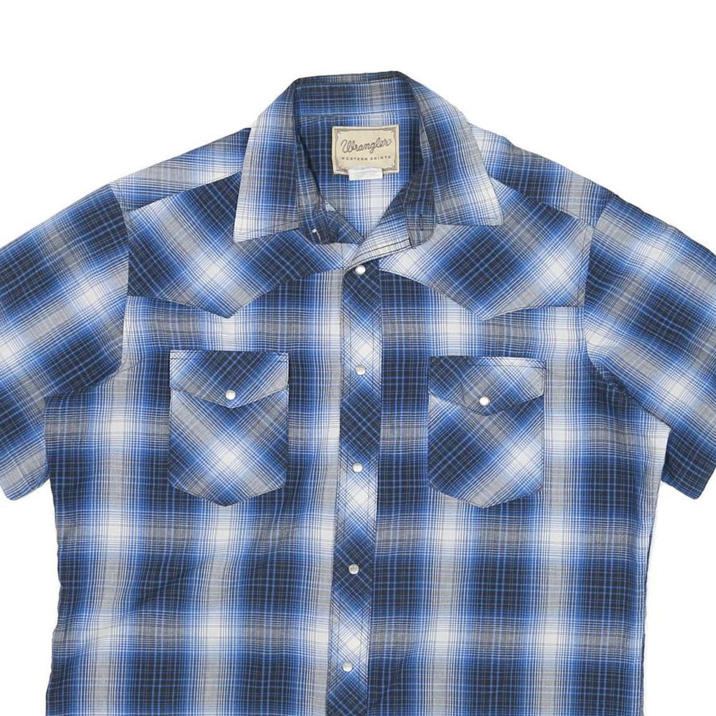 WRANGLER Mens Blue Check Shirt L Western Style Short Sleeve Cotton Blend