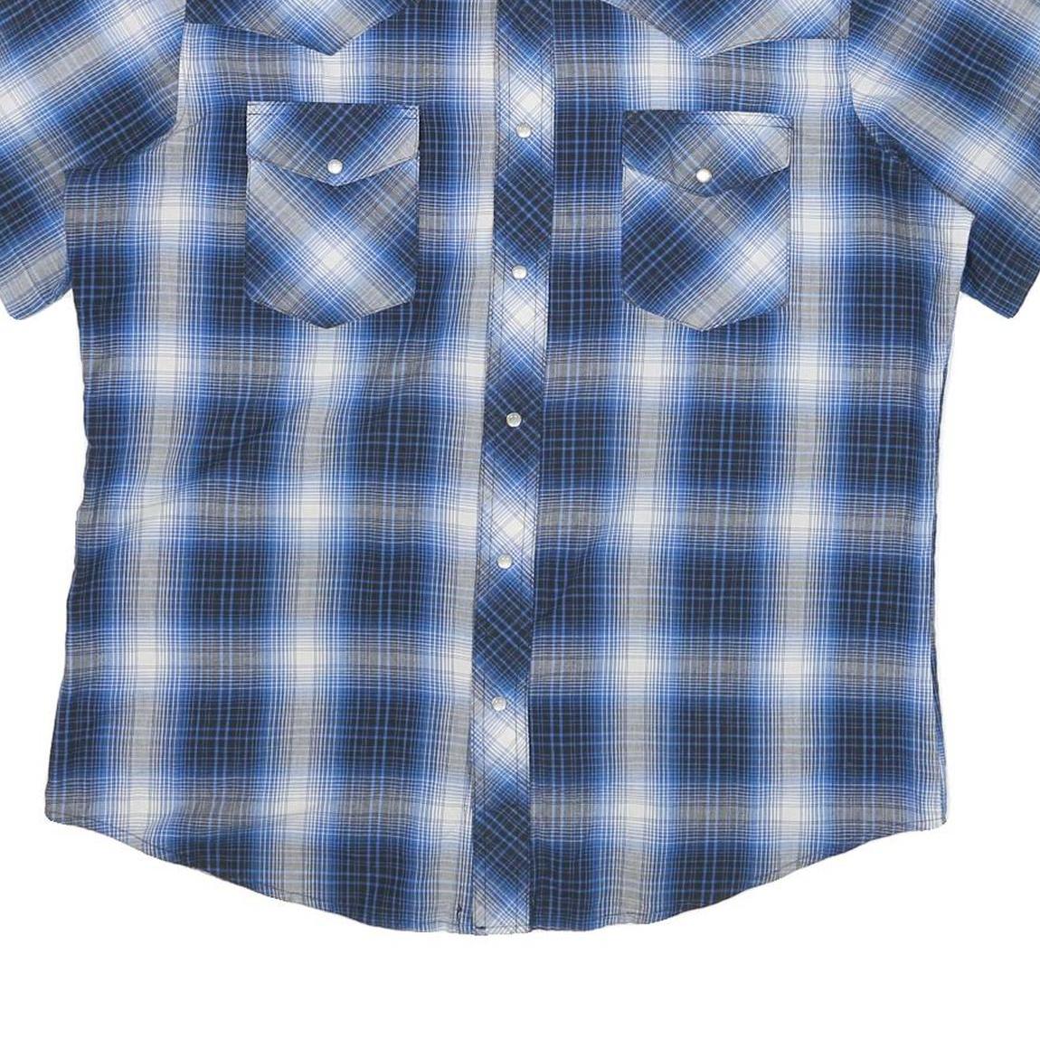 WRANGLER Mens Blue Check Shirt L Western Style Short Sleeve Cotton Blend
