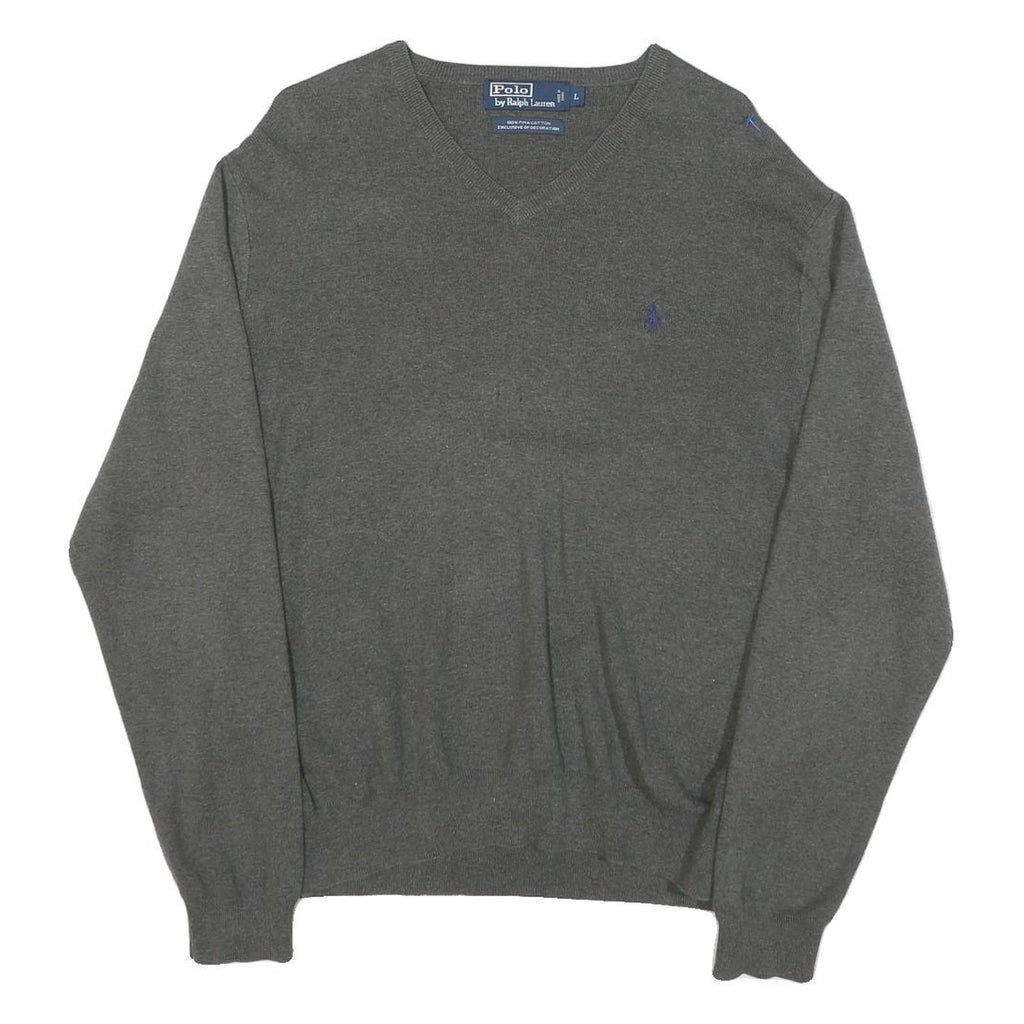 POLO RALPH LAUREN Mens Grey Plain Cotton Blend V-Neck Jumper L Classic Knitwear