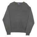 POLO RALPH LAUREN Mens Grey Plain Cotton Blend V-Neck Jumper L Classic Knitwear