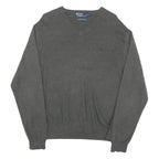 POLO RALPH LAUREN Mens Grey Plain Cotton Blend V-Neck Jumper L Classic Knitwear