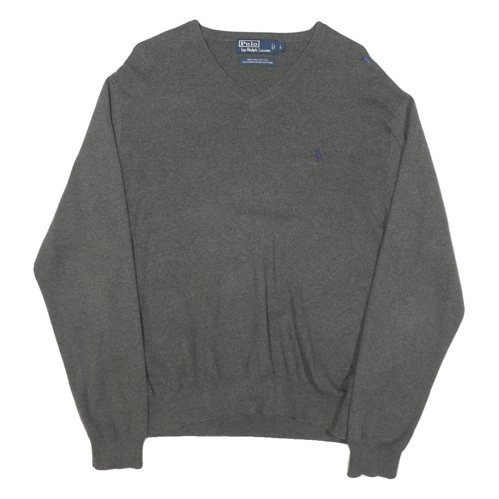 POLO RALPH LAUREN Mens Grey Plain Cotton Blend V-Neck Jumper L Classic Knitwear