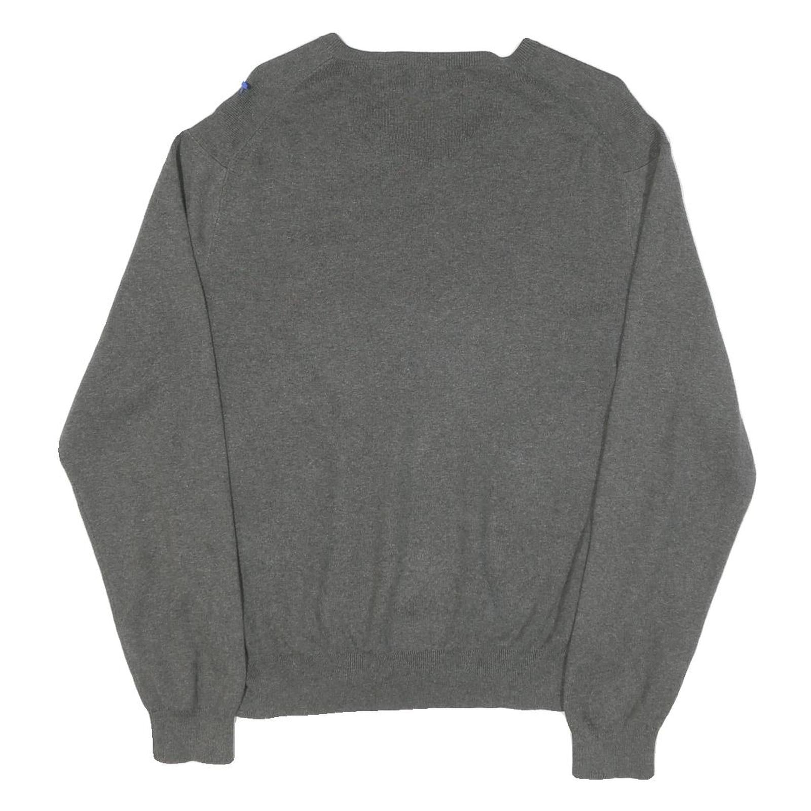 POLO RALPH LAUREN Mens Grey Plain Cotton Blend V-Neck Jumper L Classic Knitwear