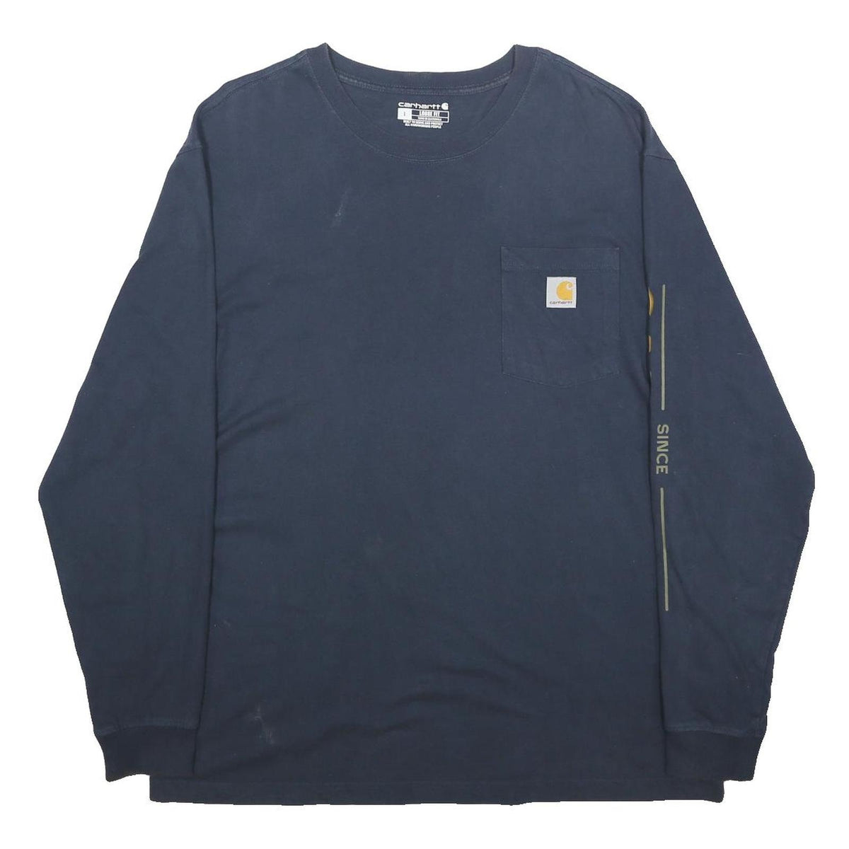 CARHARTT Mens Navy Blue Graphic T-Shirt L Long Sleeve Crew Neck Logo Branding