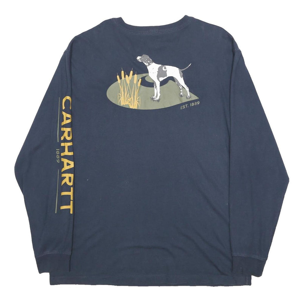 CARHARTT Mens Navy Blue Graphic T-Shirt L Long Sleeve Crew Neck Logo Branding
