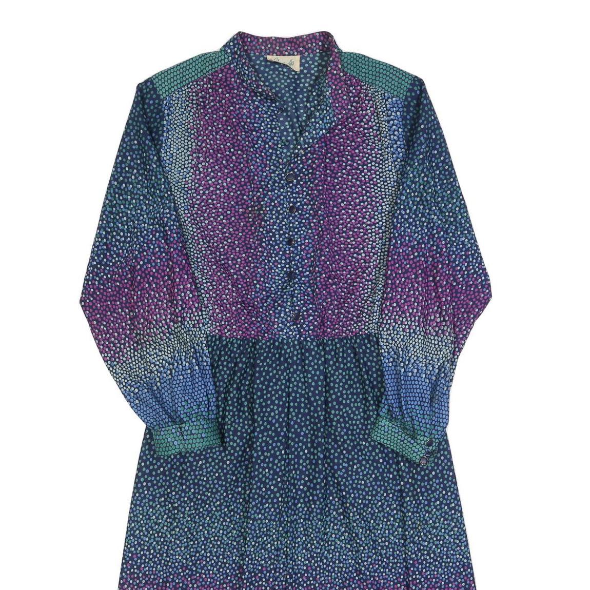 CHARMELA Womens Blue & Purple Polka Dot Day Dress Polyester Long Sleeve Midi