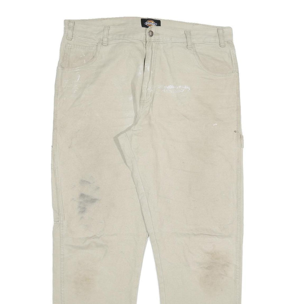 DICKIES Mens Cotton Blend Beige Slim Straight Trousers W36 L32 Workwear