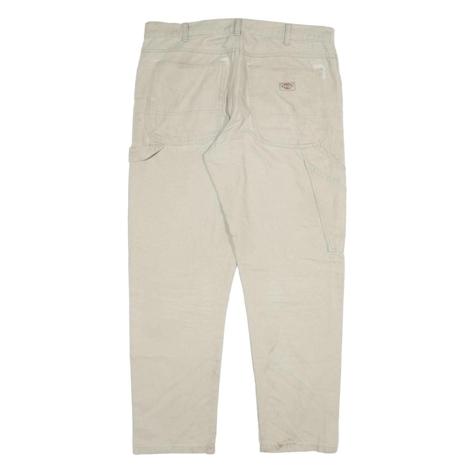 DICKIES Mens Cotton Blend Beige Slim Straight Trousers W36 L32 Workwear