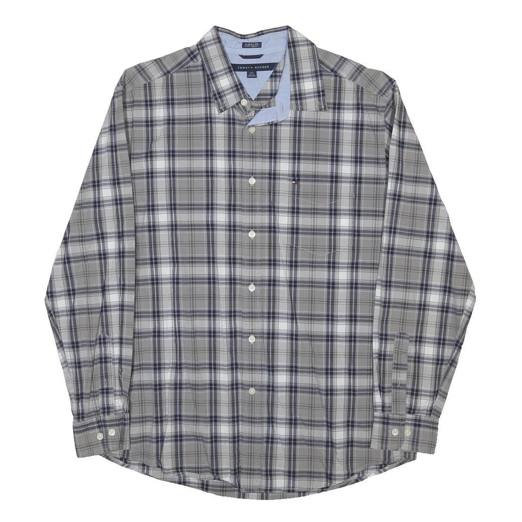 TOMMY HILFIGER Mens Grey Blue Check Shirt L Casual Cotton Blend Button Down