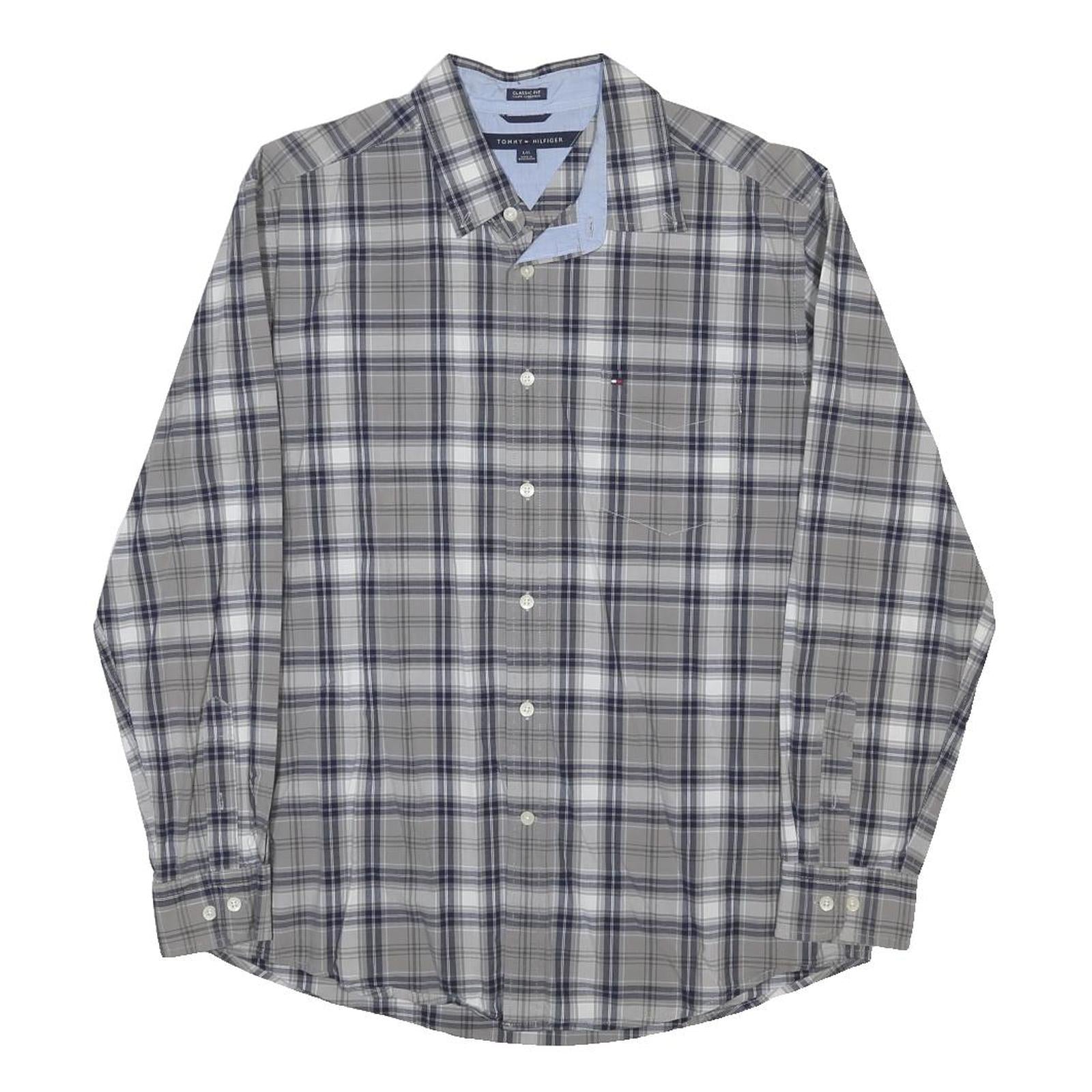 TOMMY HILFIGER Mens Grey Blue Check Shirt L Casual Cotton Blend Button Down