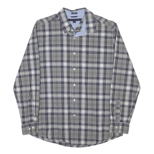 TOMMY HILFIGER Mens Grey Blue Check Shirt L Casual Cotton Blend Button Down