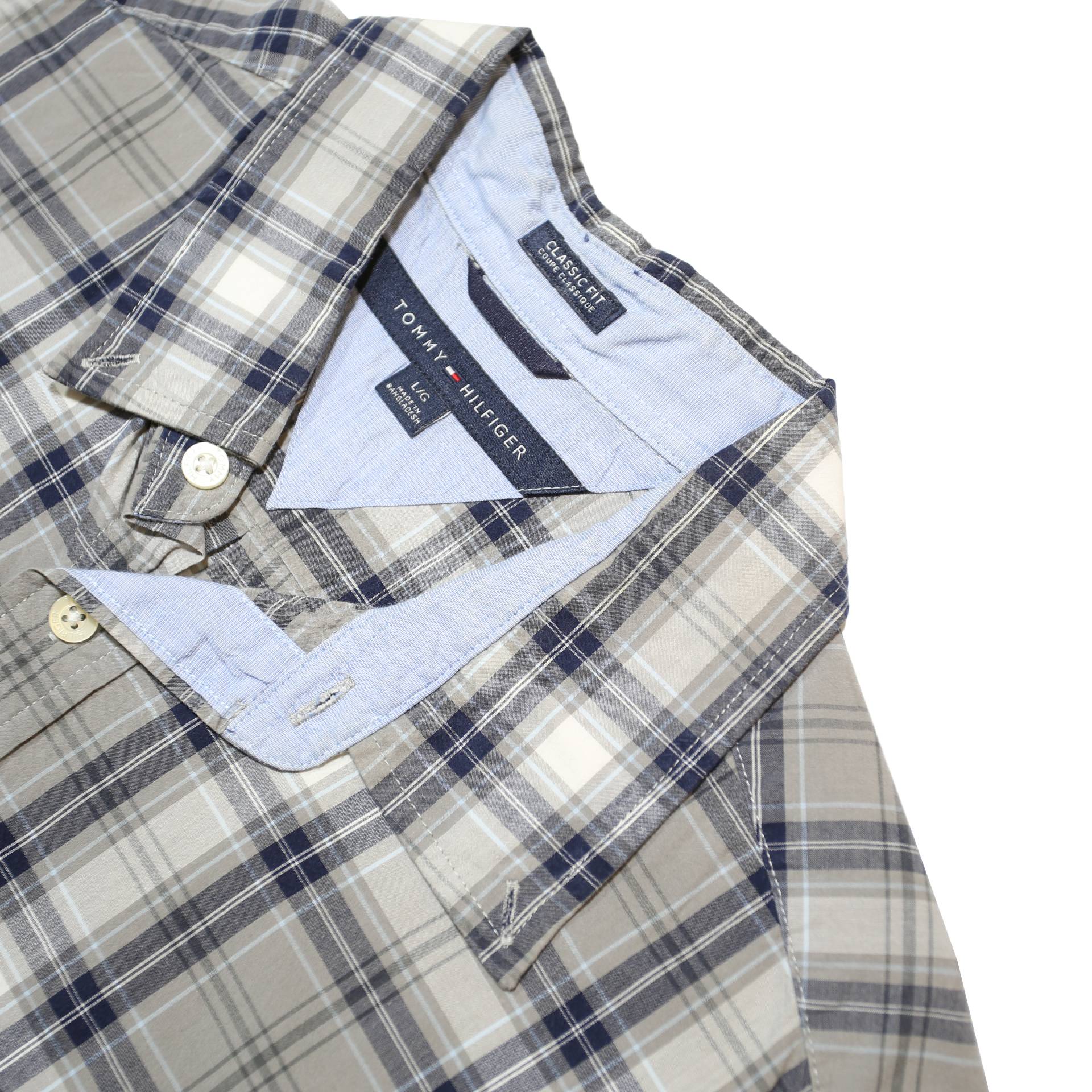 TOMMY HILFIGER Mens Grey Blue Check Shirt L Casual Cotton Blend Button Down