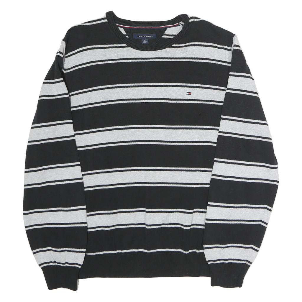 TOMMY HILFIGER Mens Black & Grey Striped Plain Crew Neck Basic Knit Jumper XL