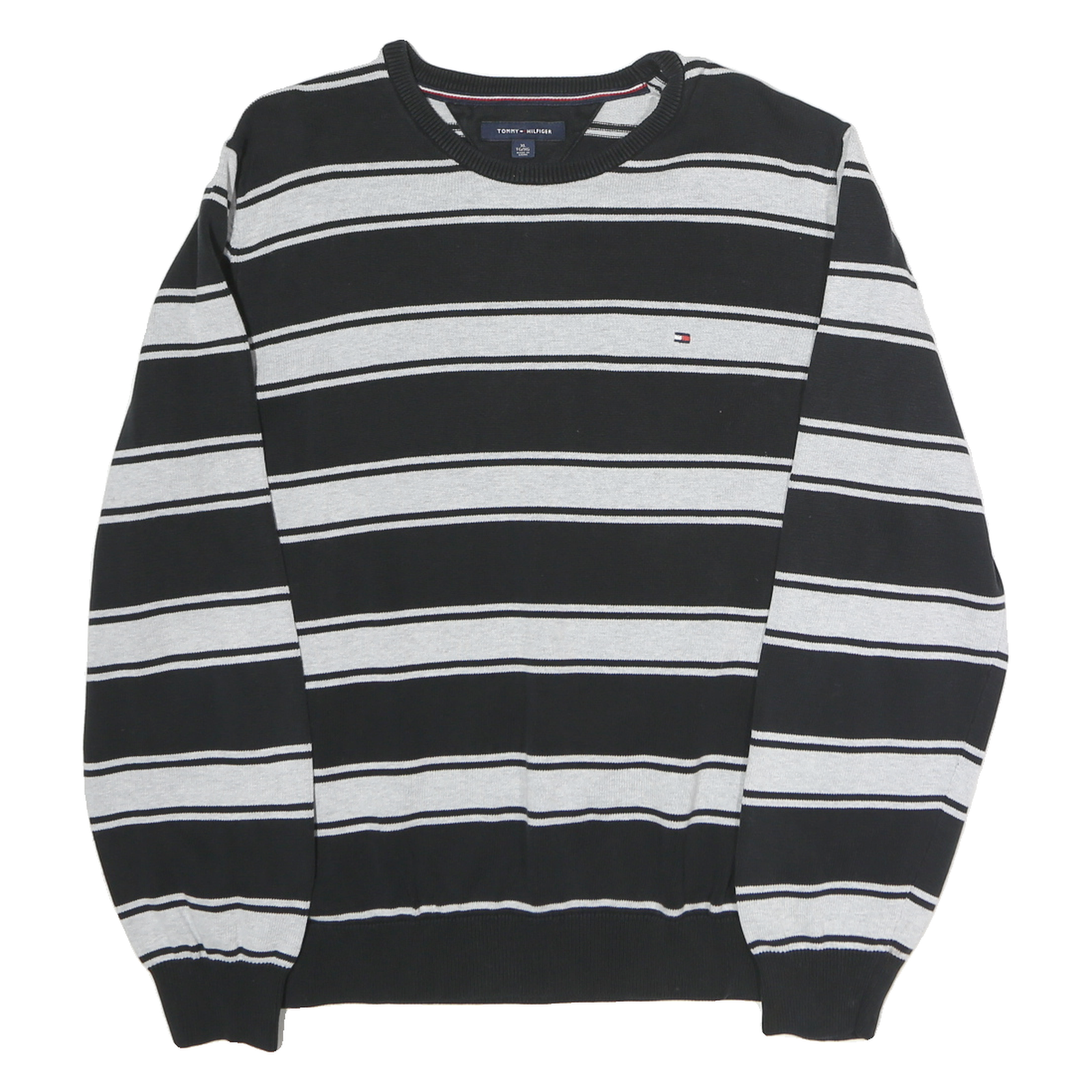 TOMMY HILFIGER Mens Black & Grey Striped Plain Crew Neck Basic Knit Jumper XL