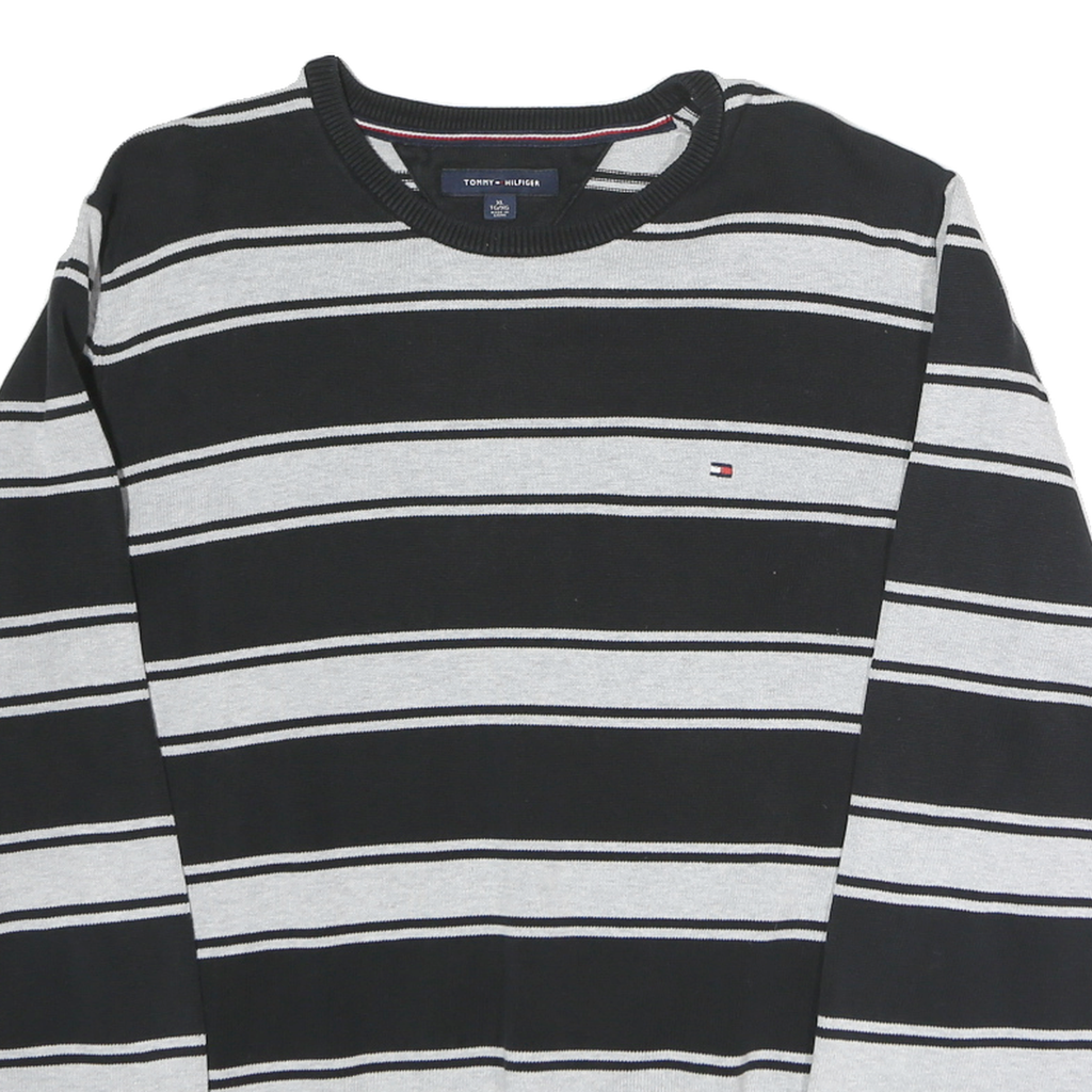 TOMMY HILFIGER Mens Black & Grey Striped Plain Crew Neck Basic Knit Jumper XL